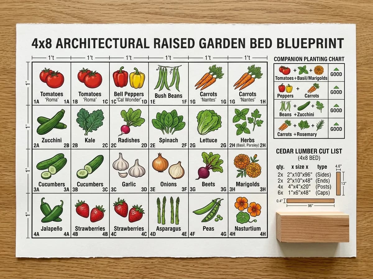High-contrast architectural raised garden bed blueprint with square foot companion grid and lumber cut list